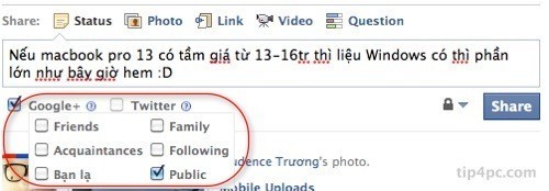 Từ facebook bạn có thể chọn vòng (circles) bạn muốn hiện status trên G+