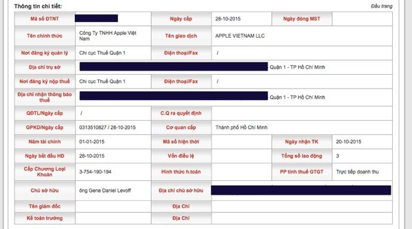 Thông tin về Công ty TNHH Apple Việt Nam trên website của Tổng cục thế - Ảnh chụp màn hình.