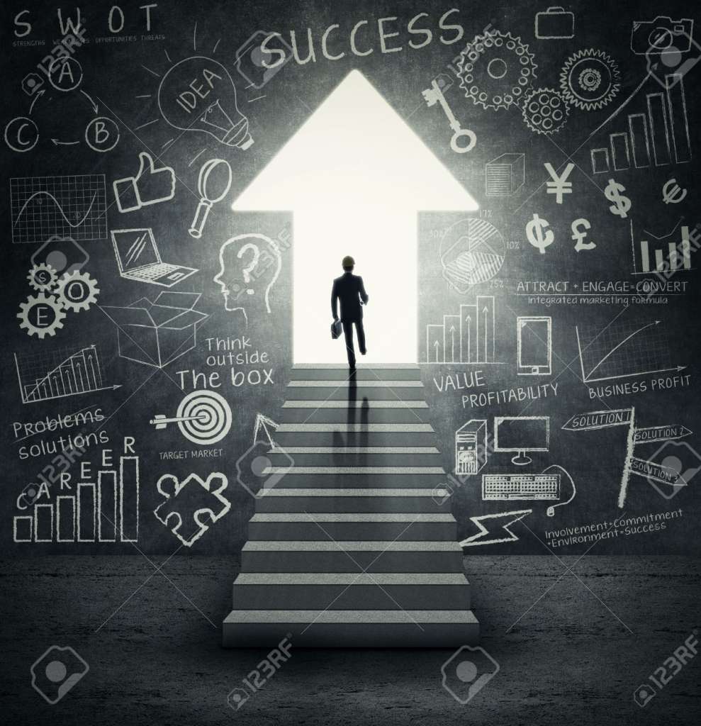 26657665-Way-to-success-Businessman-walking-on-stairways-to-an-upward-arrow-door-with-the-success-doodle-on-t-Stock-Photo