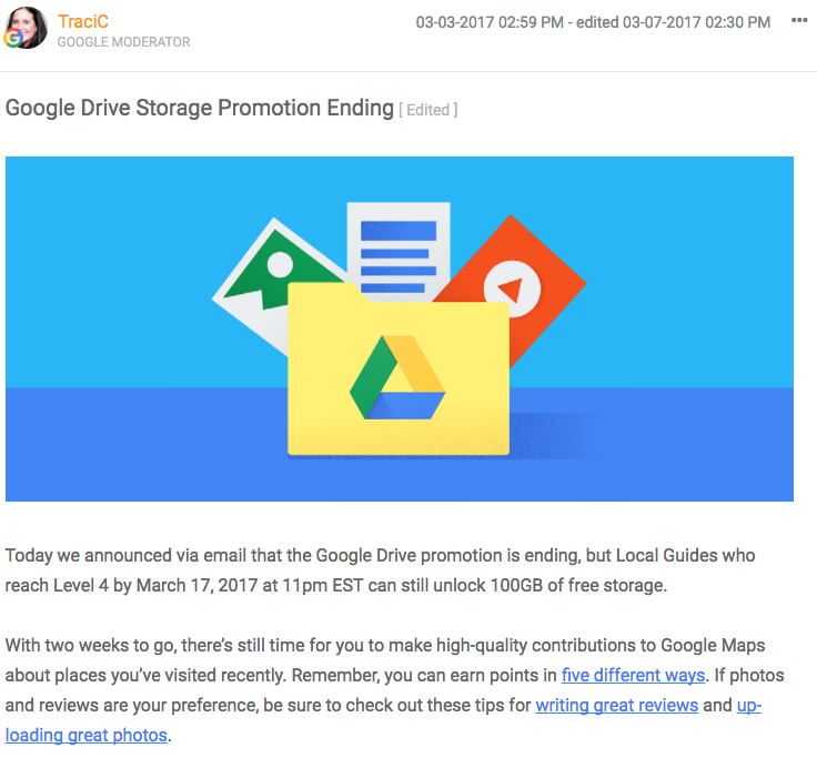Google đã dừng chương trình tặng dung lượng lưu trữ miễn phí khi lên cấp Local Guide