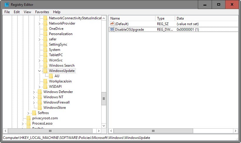 DisableOSUpgrade ngăn ngừa việc nâng cấp Windows 10