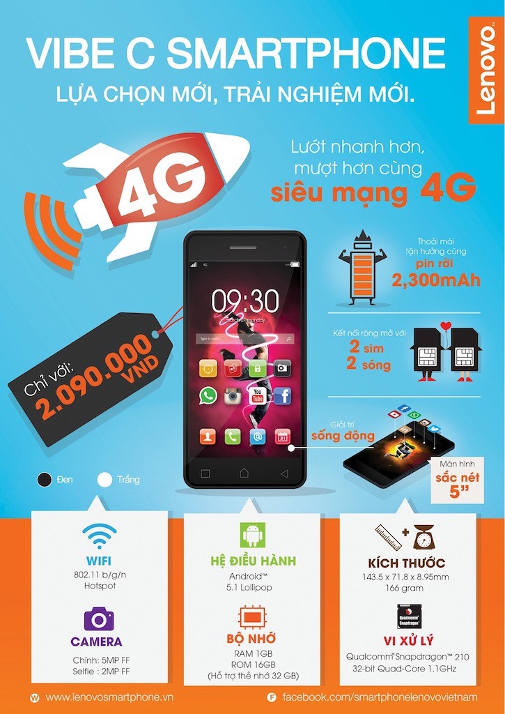 Lenovo Vibe C ra mắt giá 2,1 triệu: 5 inch, kết nối 4G, pin 2300mAh