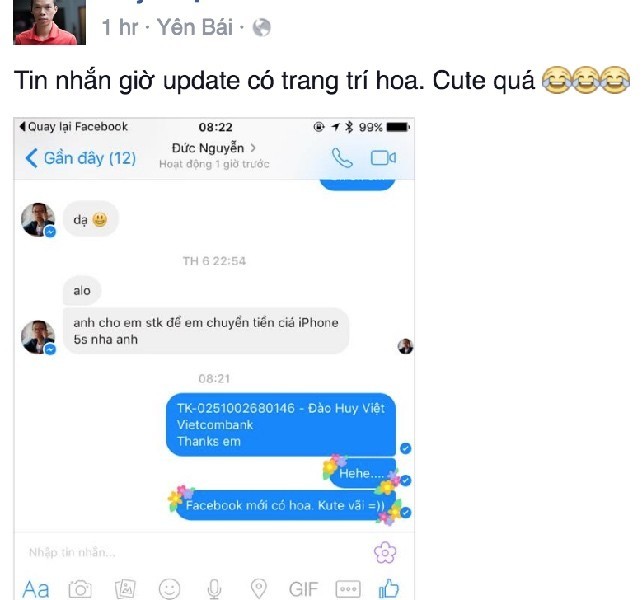 Người dùng Việt thích thú vì Facebook Messenger cho phép gửi tin nhắn có hoa 