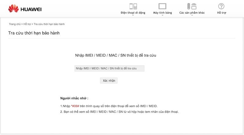 Kiểm tra bảo hành điện thoại Huawei