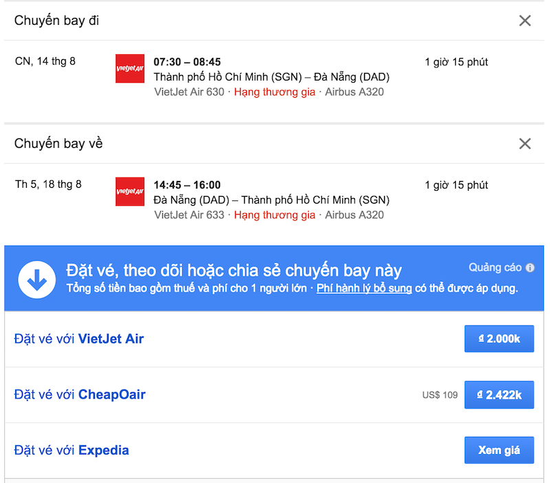 Theo dõi giá vé máy bay với Google Flights