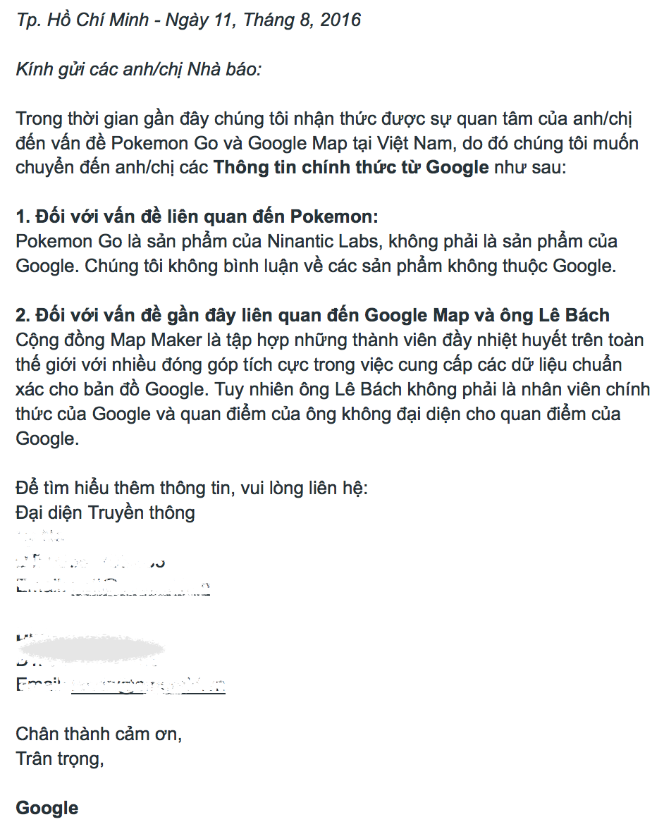 Email chính thức từ Google trả lời về sự kiện Pokemon GO