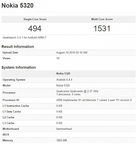 Smartphone Nokia 5320 và Nokia RM-1490 lộ diện trên Geekbench