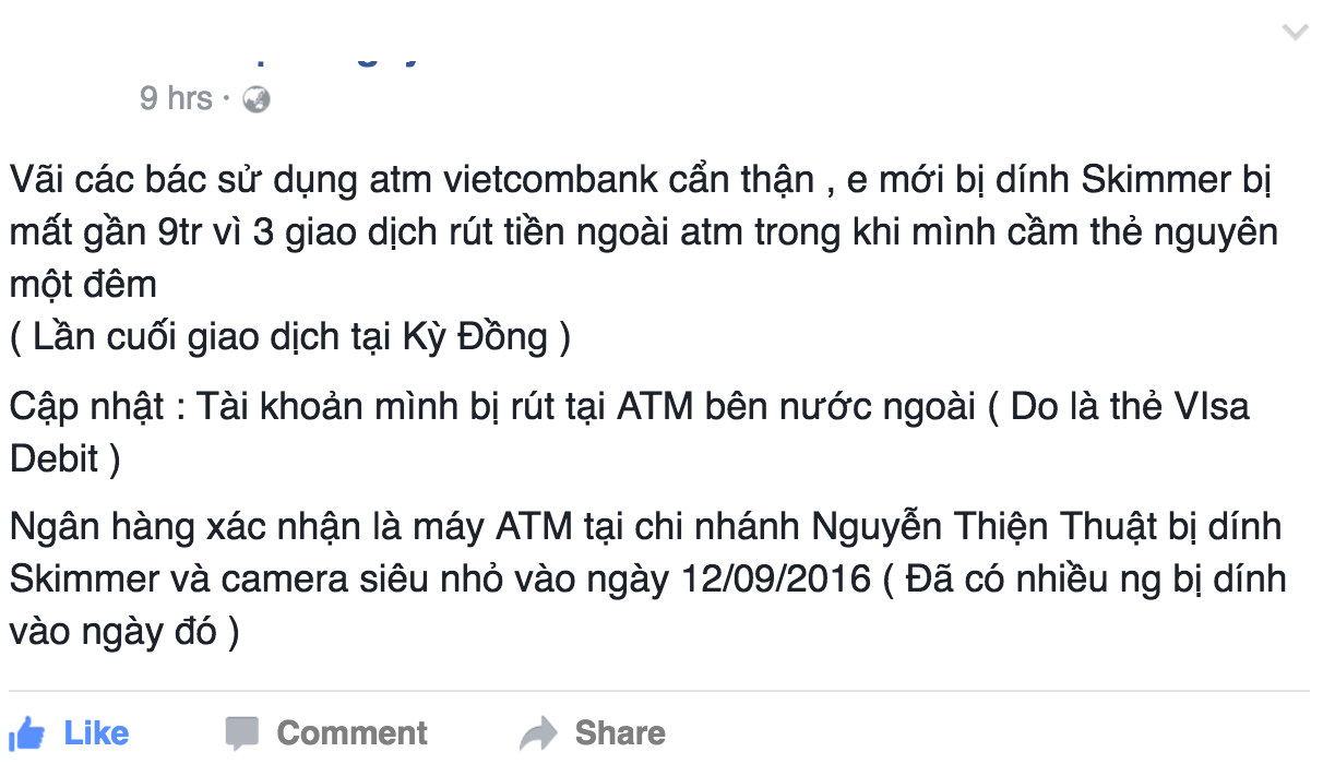 Người dùng Facebook cảnh báo máy ATM bị gắn Skimmer 