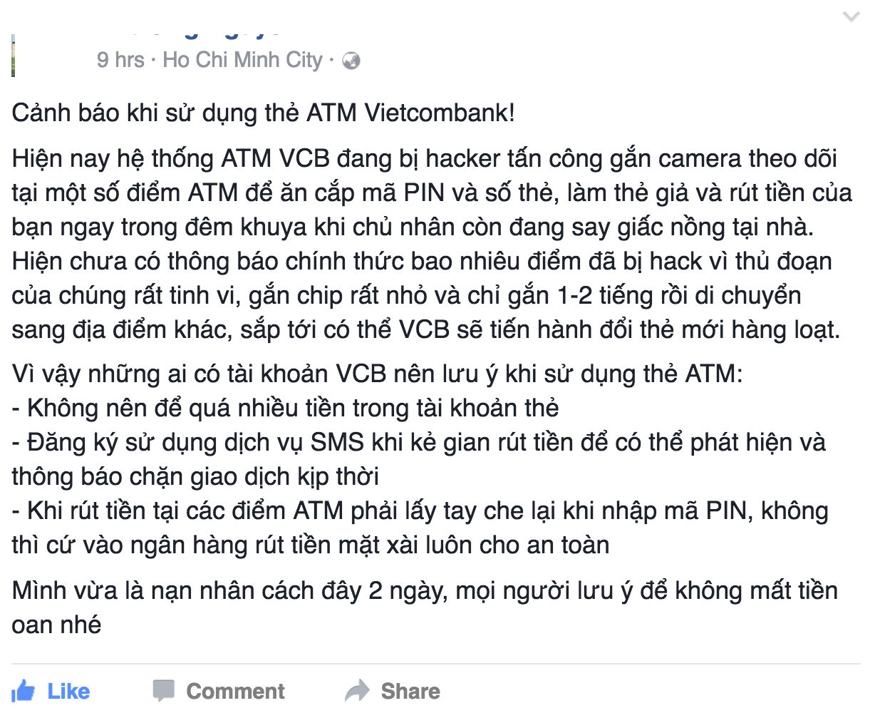 Người dùng Facebook cảnh báo máy ATM bị gắn Skimmer