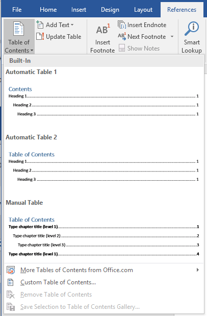 table of contents microsoft word
