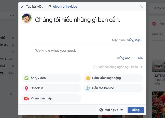 Cách đăng status đa ngôn ngữ trên tài khoản Facebook cá nhân