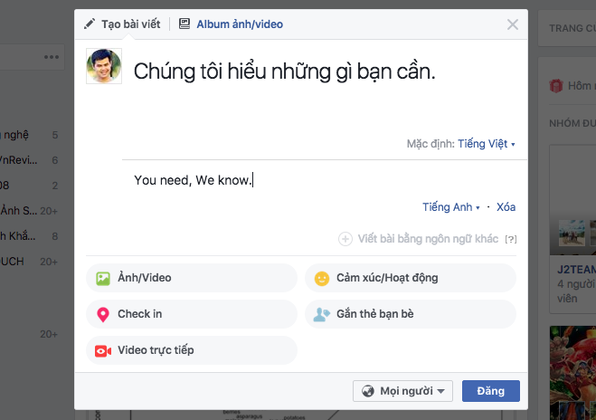 Cách đăng status đa ngôn ngữ trên tài khoản Facebook cá nhân