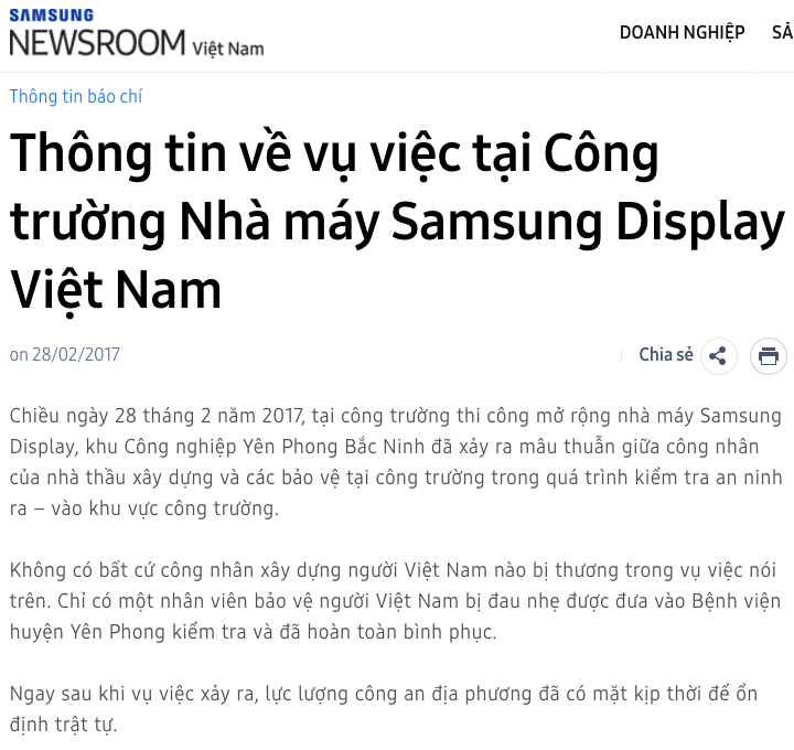 Samsung thông tin chính thức về vụ ẩu đả tại nhà máy Bắc Ninh