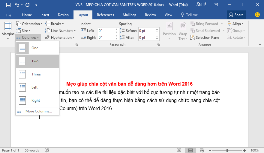 Chia cột văn bản dễ dàng hơn trong Microsoft Word 2016