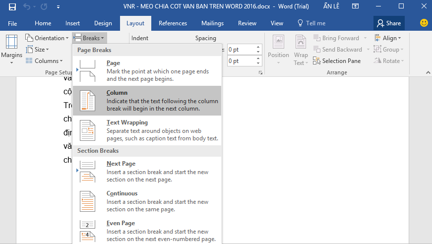 Chia cột văn bản dễ dàng hơn trong Microsoft Word 2016