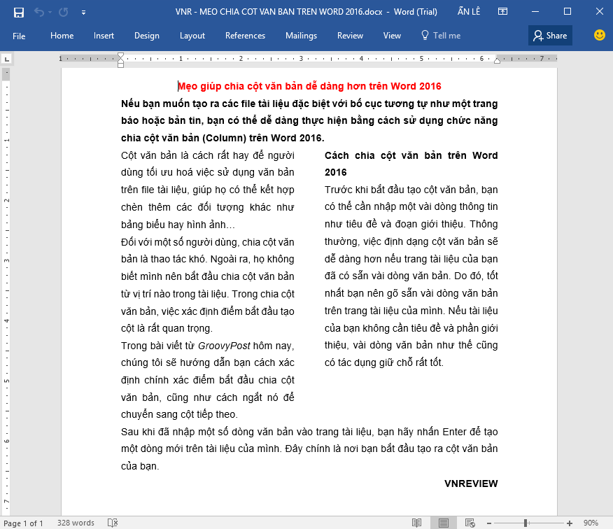 Chia cột văn bản dễ dàng hơn trong Microsoft Word 2016