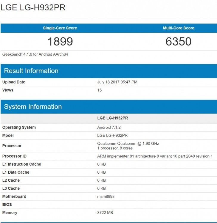 LG V30 lộ diện trên GeekBench với RAM 4GB và Android 7.1.2