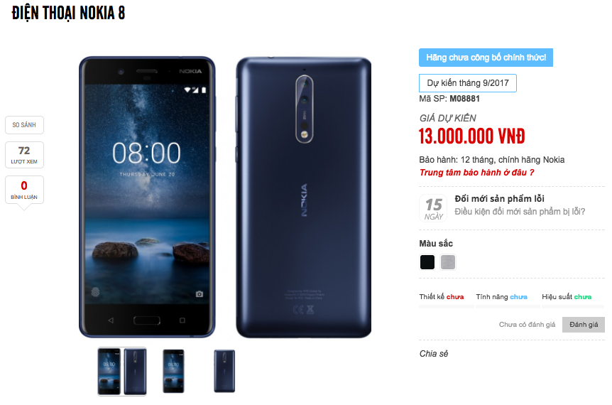 Nokia 8 có thể bán ở VN đầu tháng 9, giá khoảng 12 triệu