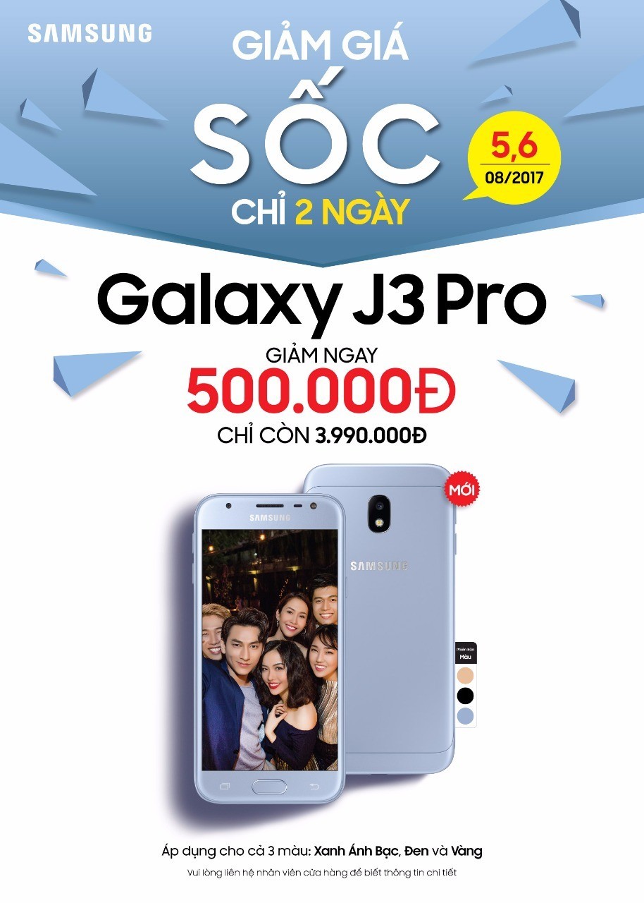 Samsung lên kệ Galaxy J3 Pro: 3 màu, camera 1.9, giá 4,5 triệu đồng