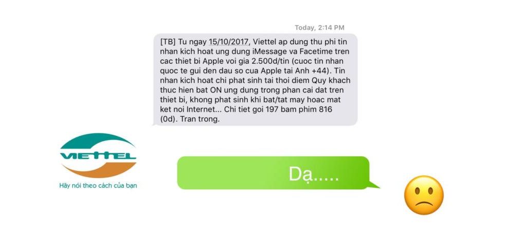 Nhà mạng Viettel gửi tin nhắn thu phí kích hoạt iMessage