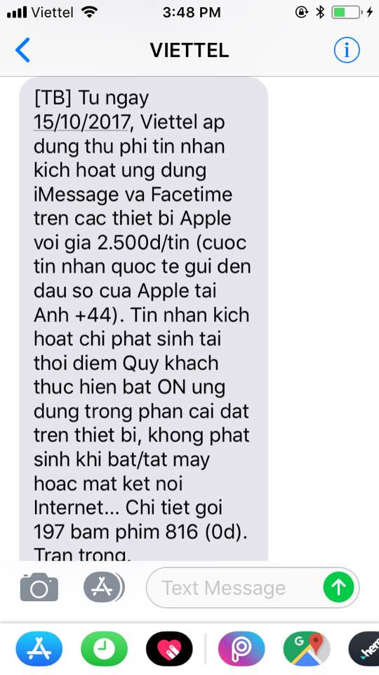 Nhà mạng Viettel gửi tin nhắn thu phí kích hoạt iMessage