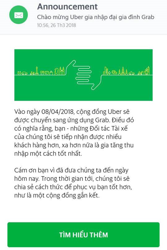 Từ ngày 8/4, toàn bộ tài xế Uber tại Việt Nam sẽ chuyển sang Grab hoạt động