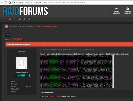 Sau VNG, đến lượt Trung tâm An ninh mạng Athena bị hack và chia sẻ dữ liệu lên diễn đàn Raidforums.com