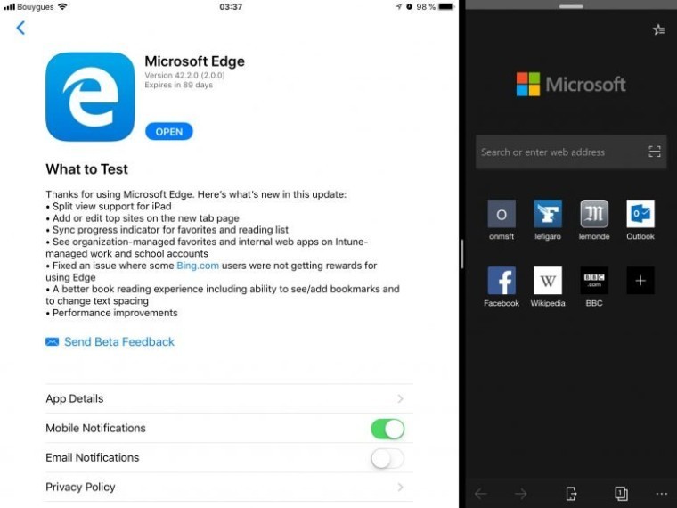 Microsoft Edge Beta thêm tính năng chia đôi màn hình iPad