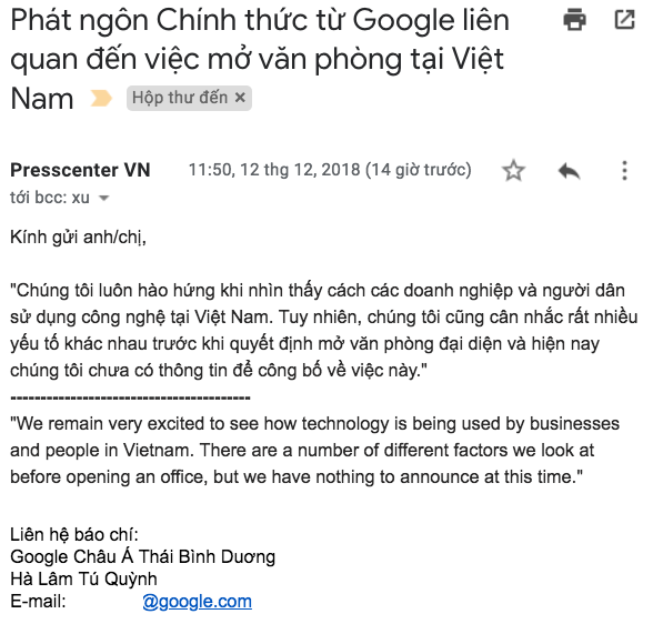 Google chưa quyết định mở văn phòng đại diện tại Việt Nam