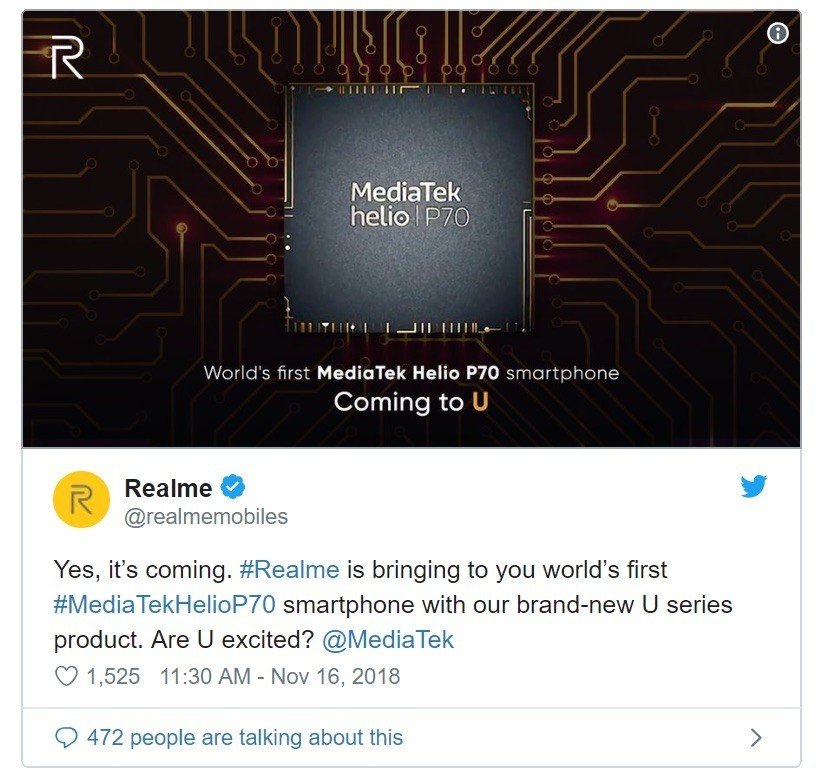 Realme U1, smartphone thương mại đầu tiên dùng chip Helio P70 của MediaTek