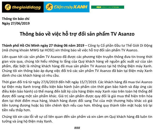 Thế Giới Di Động thông báo hỗ trợ đổi sản phẩm TV Asanzo