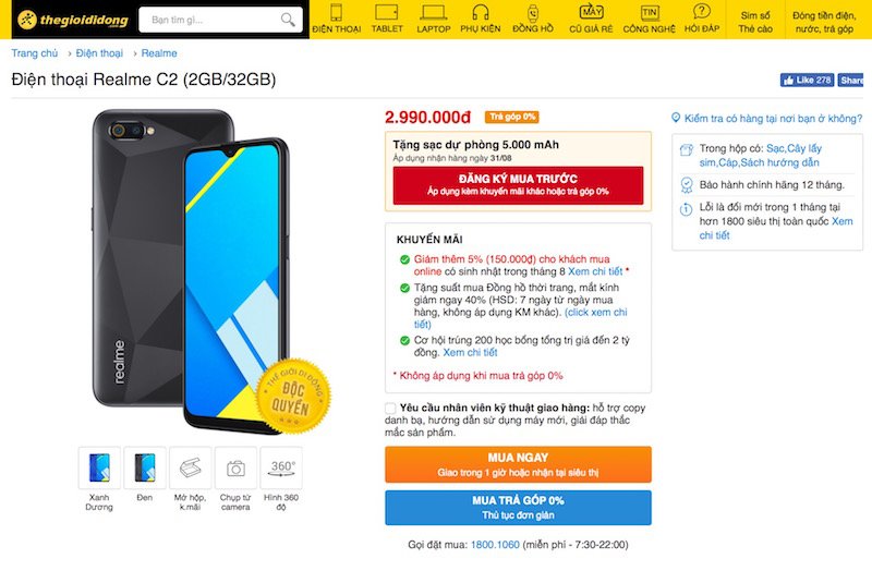 Thế Giới Di Động bán độc quyền Realme C2 bản nâng cấp từ hôm nay