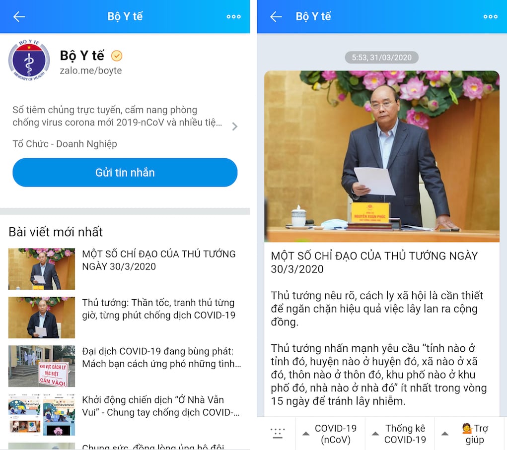 Bộ Y tế dùng Zalo truyền tải thông điệp “nhà nào ở nhà đó” phòng dịch COVID-19