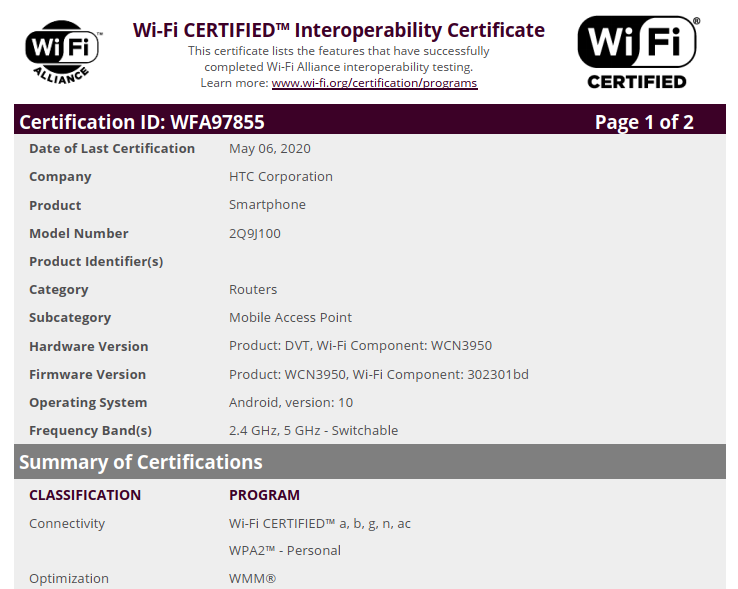 HTC Desire 20 Pro đã nhận chứng chỉ Bluetooth SIG và Wi-Fi, dự kiến sớm ra mắt