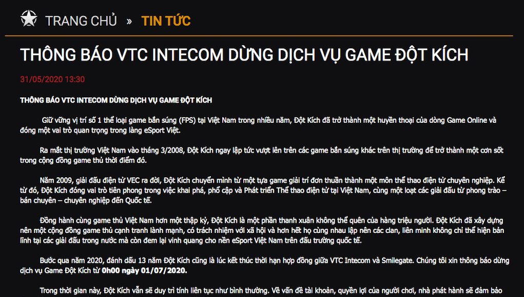 Game Đột Kích do VTC Games phát hành sẽ ngừng cung cấp từ 1/7