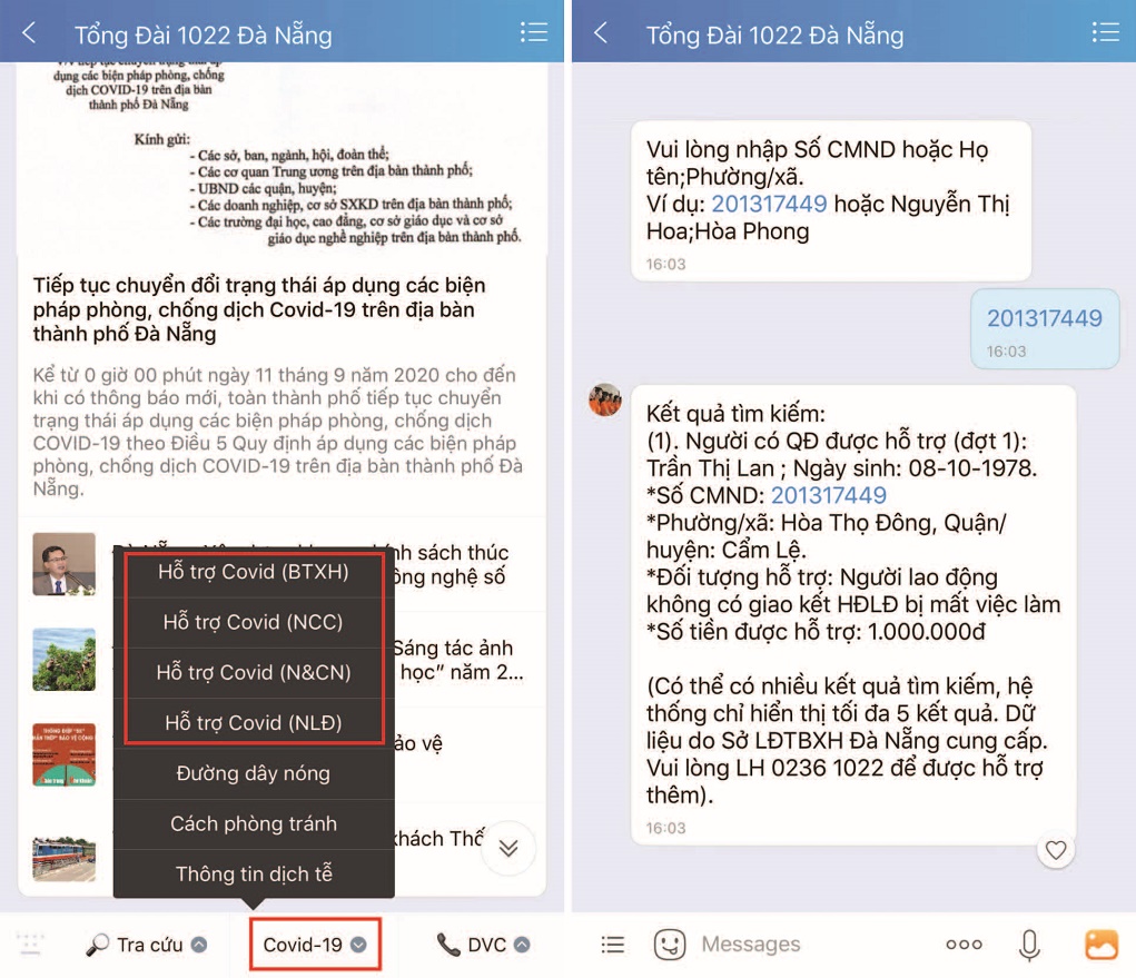 Người dân Đà Nẵng nhận kết quả hỗ trợ mùa dịch COVID-19 qua Zalo