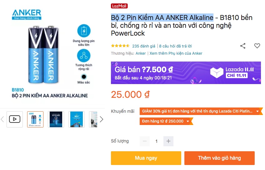 Bộ 2 Pin AA, 4 pin AAA ANKER Alkaline 