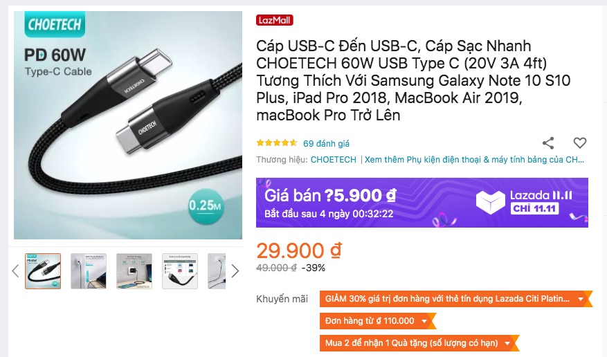 Cáp USB-C Choetech 60W