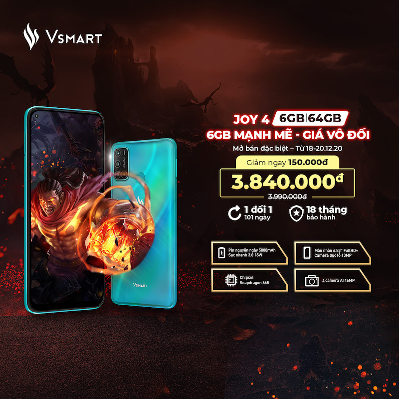 Vsmart Joy 4 có thêm phiên bản 6GB RAM 