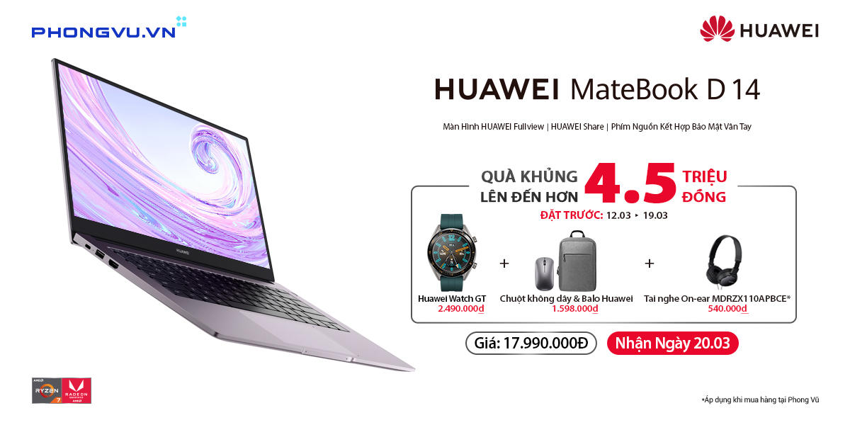 Huawei Matebook D 14 dùng AMD Radeon RX Vega 10 lên kệ, giá 18 triệu đồng