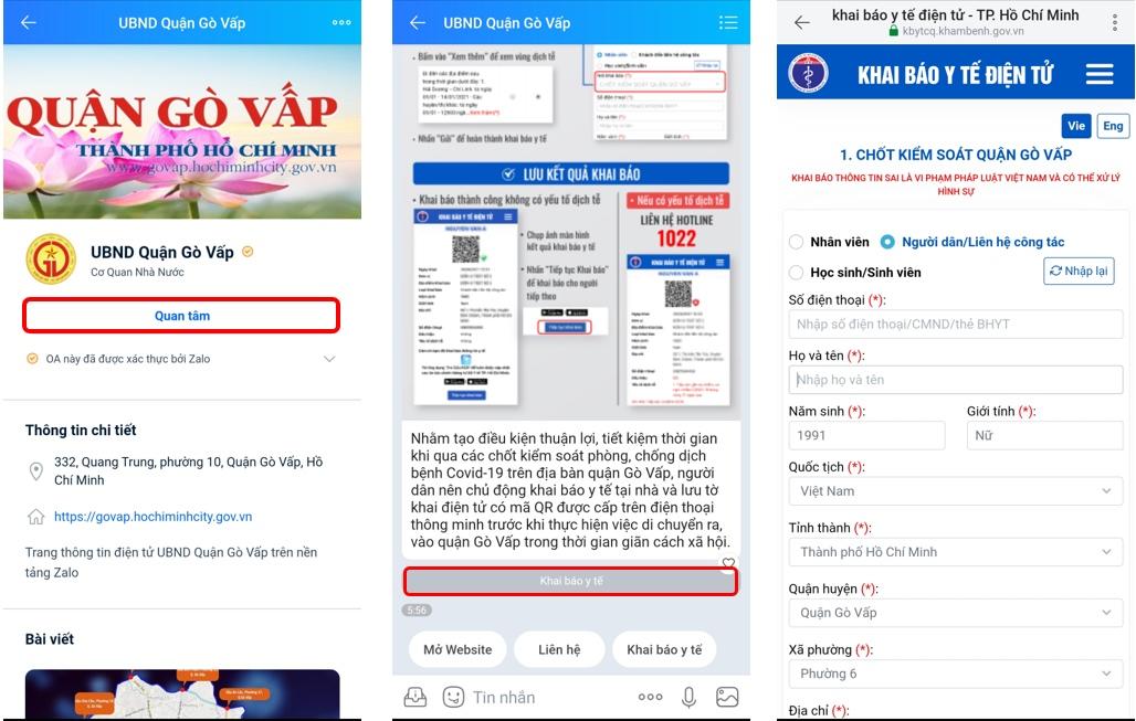 Gò Vấp, Tân Phú hướng dẫn khai báo y tế điện tử qua Zalo