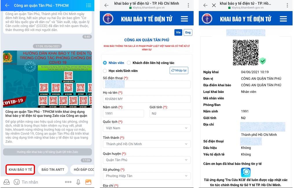 Gò Vấp, Tân Phú hướng dẫn khai báo y tế điện tử qua Zalo