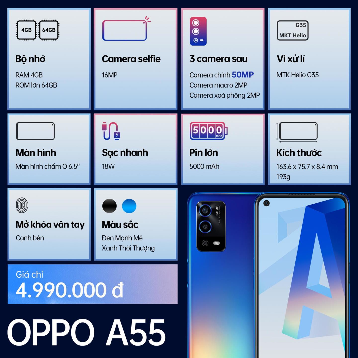 Ra mắt OPPO A55 với camera AI 50MP, giá 5 triệu đồng