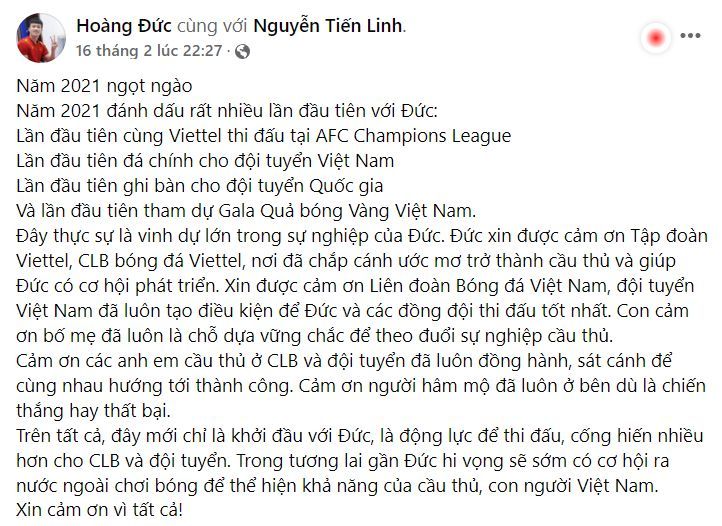 Hoàng Đức mong muốn truyền cảm hứng cho người trẻ sau khi nhận Quả bóng vàng Việt Nam 2021