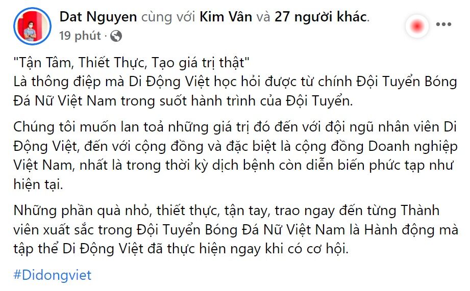 Di Động Việt trao tặng tuyển nữ Việt Nam sau kỳ tích vào Chung kết World Cup