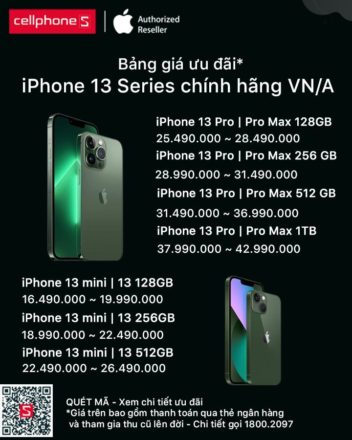 iPhone 13 series Xanh lá mở bán tại CellphoneS