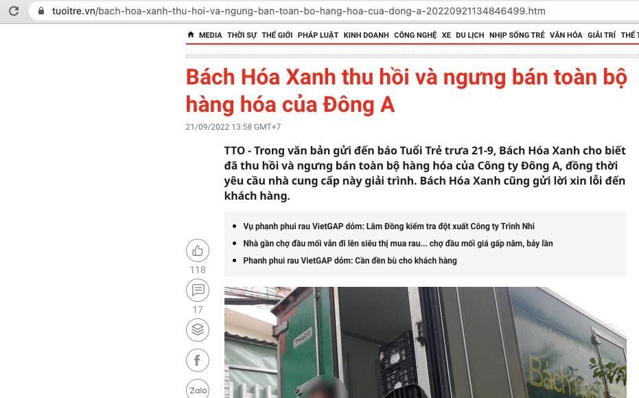 Bách Hoa Xanh phản hồi thông tin trên Tuổi Trẻ ngày 21.9