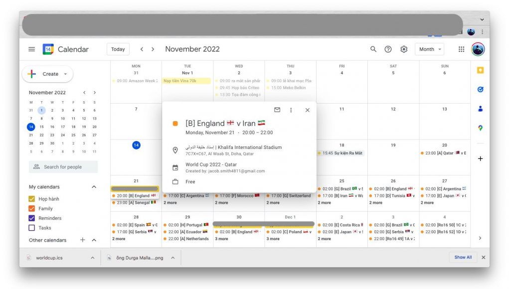 Cập nhật thông tin World Cup 2022 - Qatar từ Google Calendar