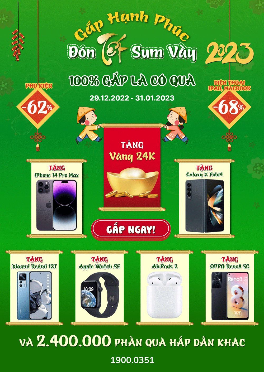 24hStore triển khai khuyến mãi Tết 2023: gắp là trúng vàng 24K, Samsung Galaxy Z Fold4, iPhone 14 ProMax