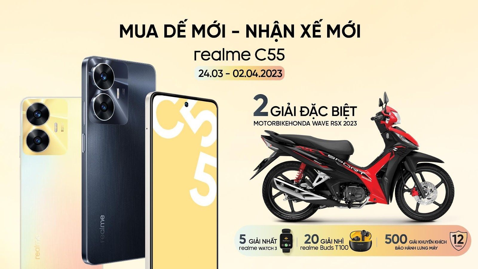 Chính thức mở bán realme C55 tại Việt Nam, realme giảm giá 300.000 đồng trực tiếp và tung cơ hội trúng Honda Wave RSX duy nhất từ 24/3 đến 2/4/2023